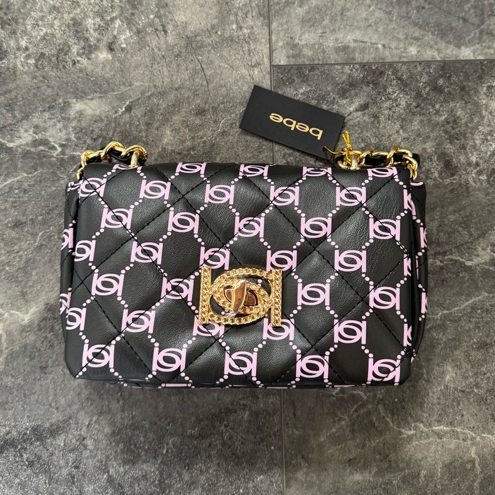 bebe Mini Monogram Crossbody Black And Pink Bag Purse NWT